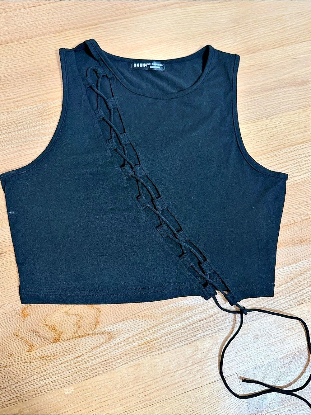 Lace Up Front Crop Tank Top Black Size L